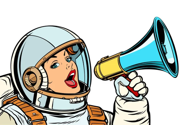 Mulher astronauta com megafone isolado no fundo branco — Vetor de Stock