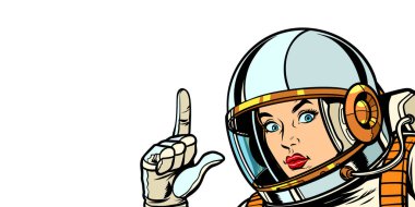 astronot kadın işaret parmağı, izole beyaz arka plan üzerinde
