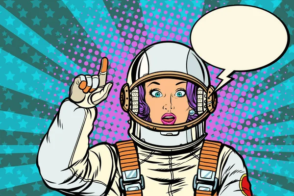 Gesto de atenção da mulher astronauta. Aviso de precaução —  Vetores de Stock