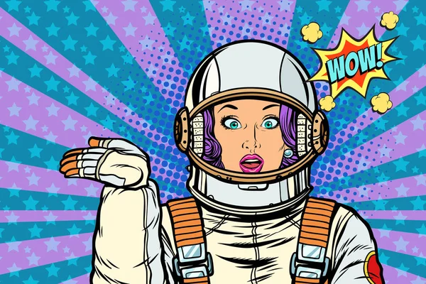 宇宙飛行士驚き女性プレゼンテーション ジェスチャー — ストックベクタ