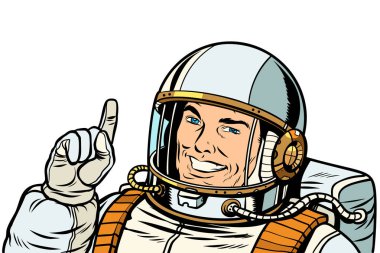 Erkek astronot, işaret izole beyaz arka plan üzerinde