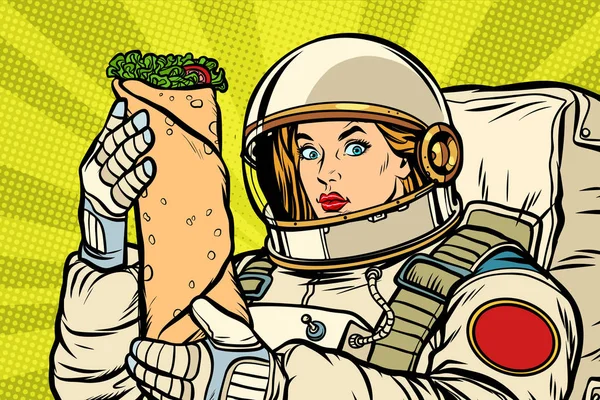 Hongerige vrouw astronaut met shoarma kebab — Stockvector