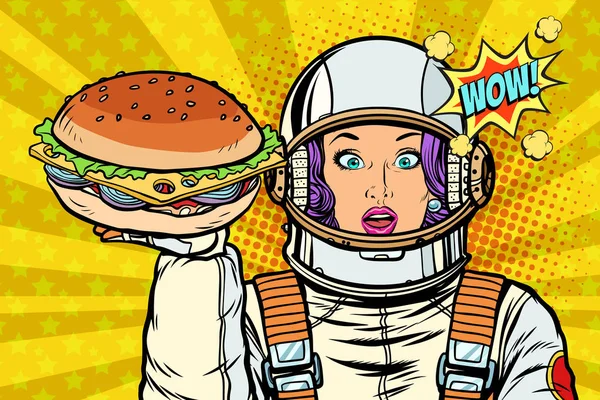 Głodny kobieta astronautów z Burger — Wektor stockowy