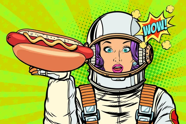 Astronauta donna affamata con salsiccia hot dog — Vettoriale Stock