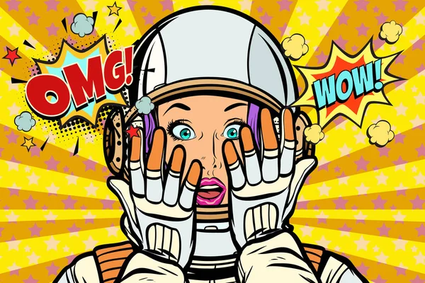 Omg すごいポップアート女性宇宙飛行士 — ストックベクタ