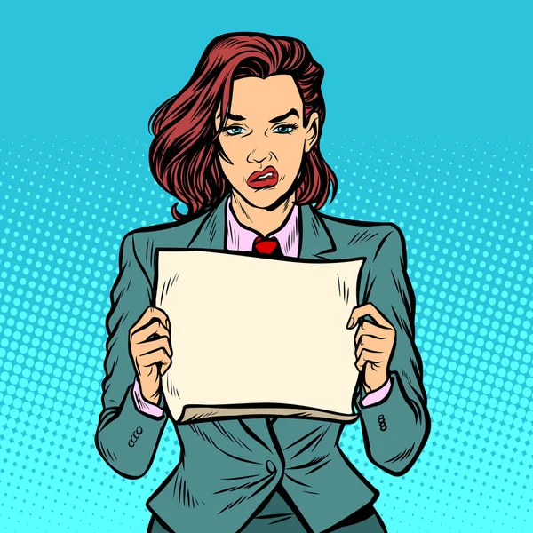 Protester woman, blank Board, serious face — Stock Vector