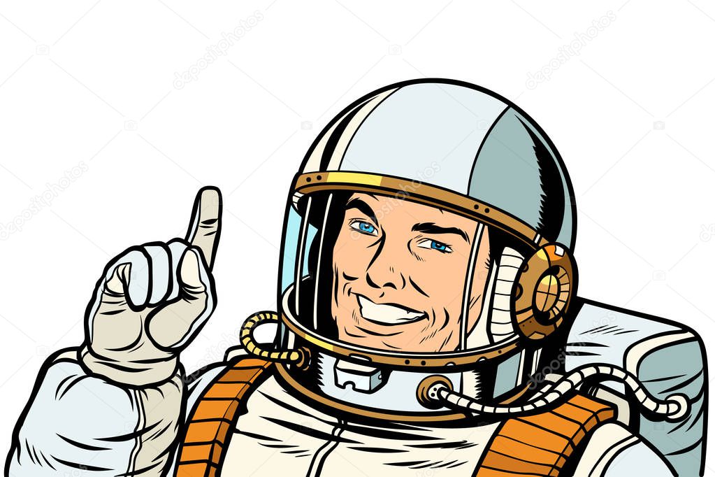 male astronaut pointing up, isolate on white background