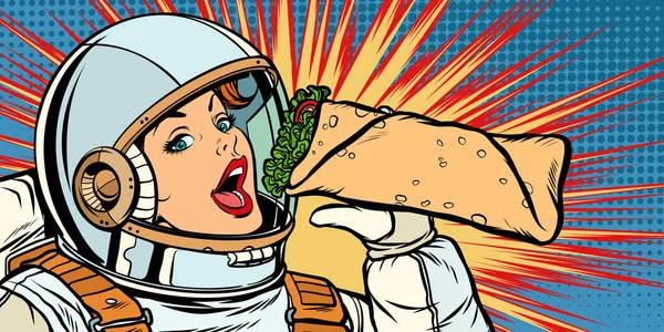 Kebap döner Shawarma yiyen aç kadın astronot — Stok Vektör