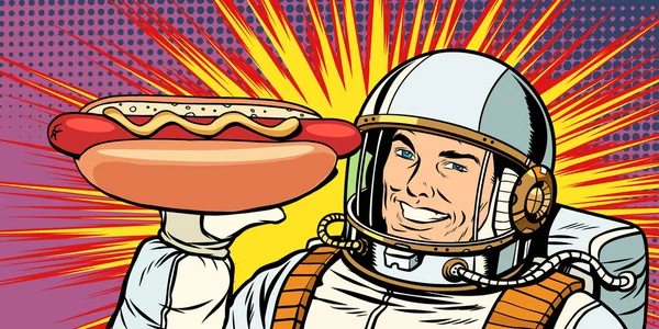 Lachende mannelijke astronaut presenteert hotdog worst — Stockvector