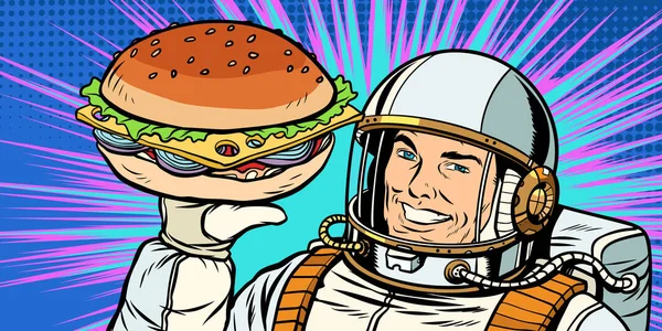 웃는 남자 우주 비행사 선물 햄버거 — 스톡 벡터