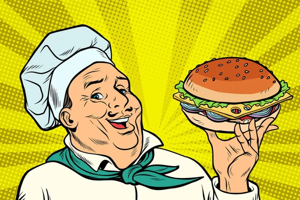 Szef kuchni gotować człowieka prezentacji gest. Hamburger — Wektor stockowy