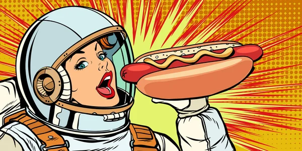 Astronot wanita lapar makan sosis hot dog - Stok Vektor