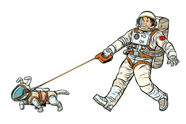 Astronotlar adam ve beyaz arka plan üzerinde izole köpek