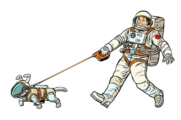 Astronauts man and dog isolated on white background — Stock Vector