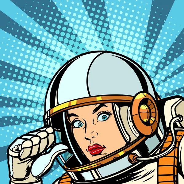 Female astronaut points to himself thumb — Stock Vector