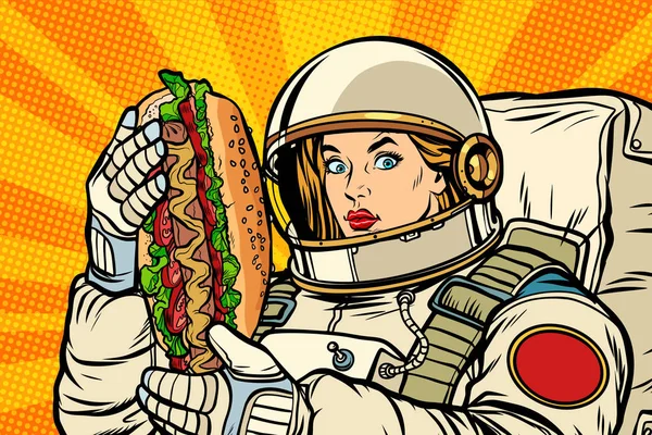 Hungry woman astronaut with hot dog — Stock Vector