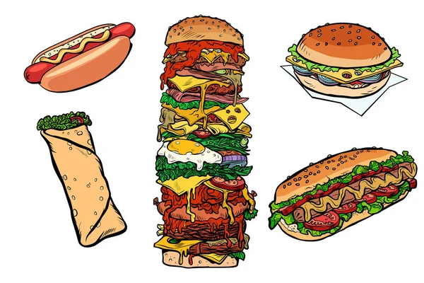 Kolekcja zestaw szybko jedzenie kebab Burger hot dog Shawarma Doner — Wektor stockowy