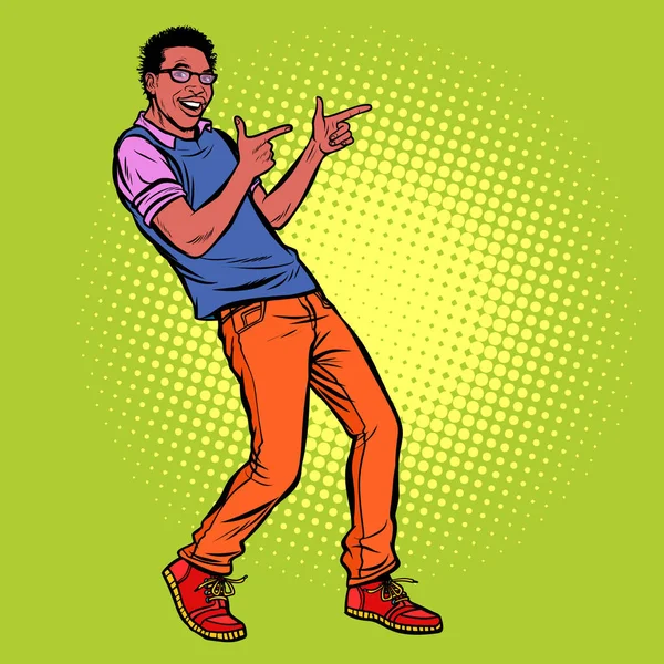 El joven señala con el dedo. Afroamericanos — Vector de stock