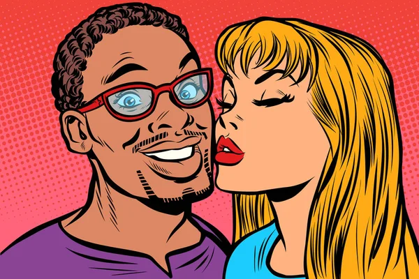 La donna bacia un uomo. coppia multietnica. gioia sorridere — Vettoriale Stock