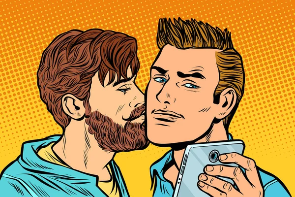 Casal de homens. reunião de amizade. selfie smartphone — Vetor de Stock