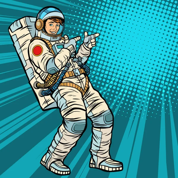 Astronaut young man points — Stock Vector