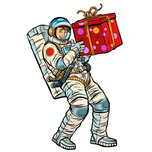 Cosmonaut with gift box — Stock Vector