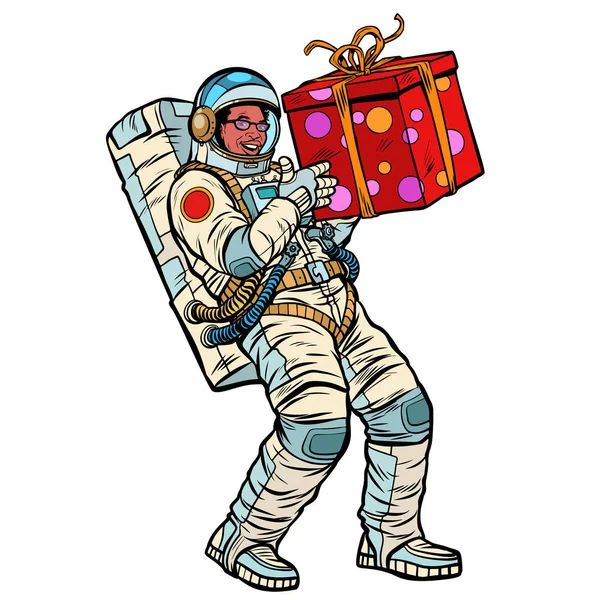 Cosmonauta con caja de regalo. Afroamericanos — Vector de stock