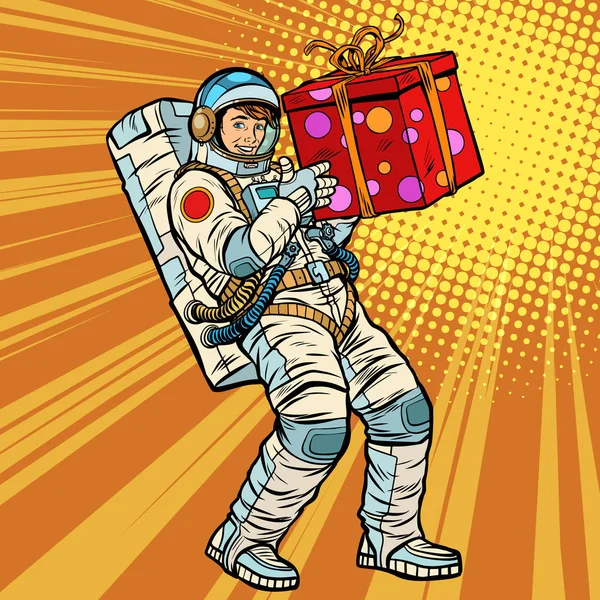Astronaut birthday with a gift — Stock Vector