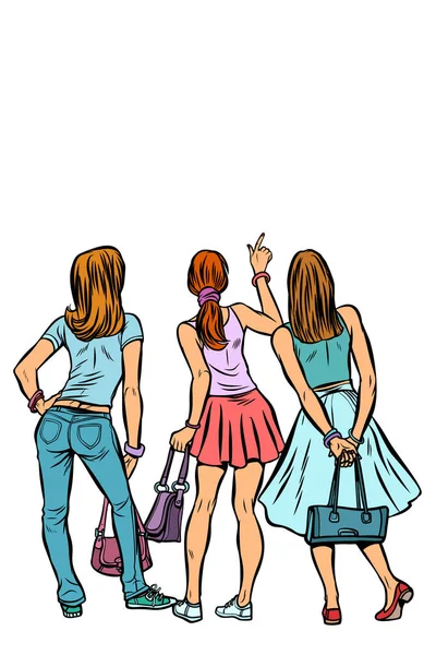 若い女性の買い物客は戻る。白い背景に分離します。 — ストックベクタ