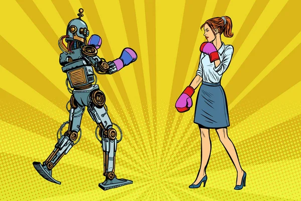 Mujer mujer de negocios Boxeo con un robot — Vector de stock