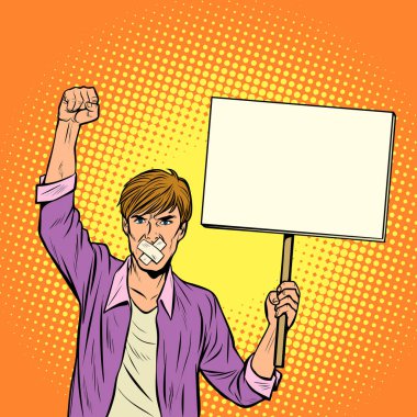 Bir adam bir gag ile sansür, spe özgürlüğü için karşı protestolar