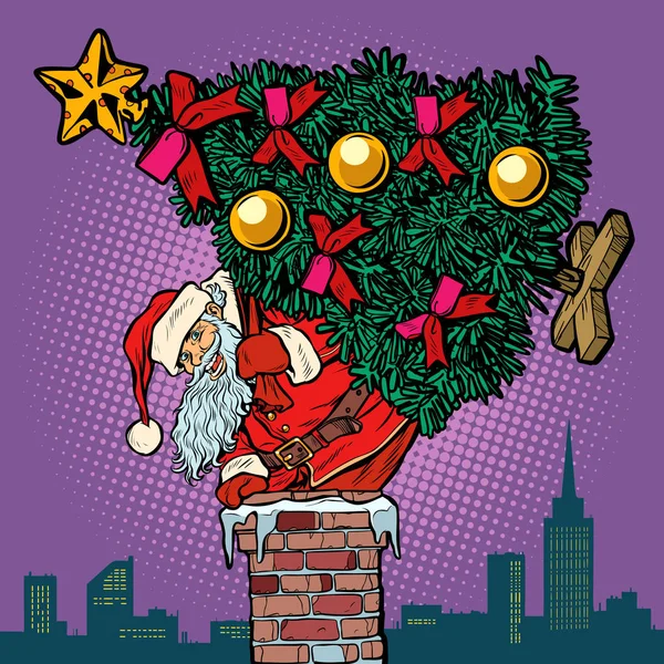 Santa Claus with a Christmas tree climbs the chimney — Stock Vector