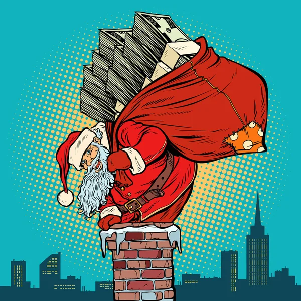 Papai Noel com dinheiro sobe na chaminé — Vetor de Stock