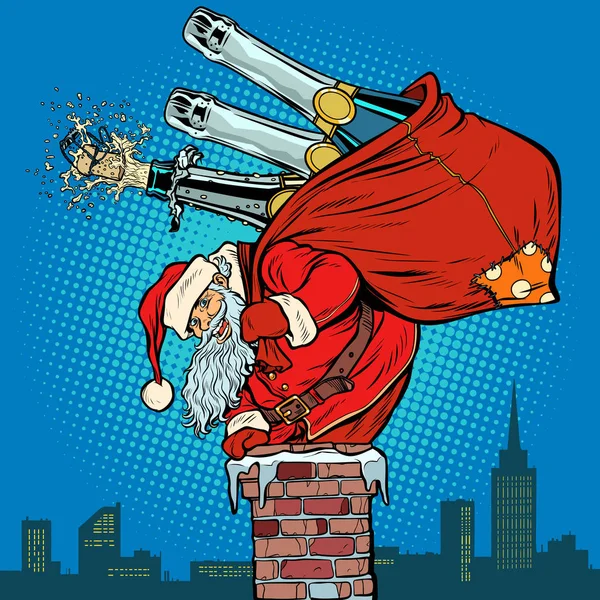 Santa Claus con champán sube a la chimenea — Vector de stock