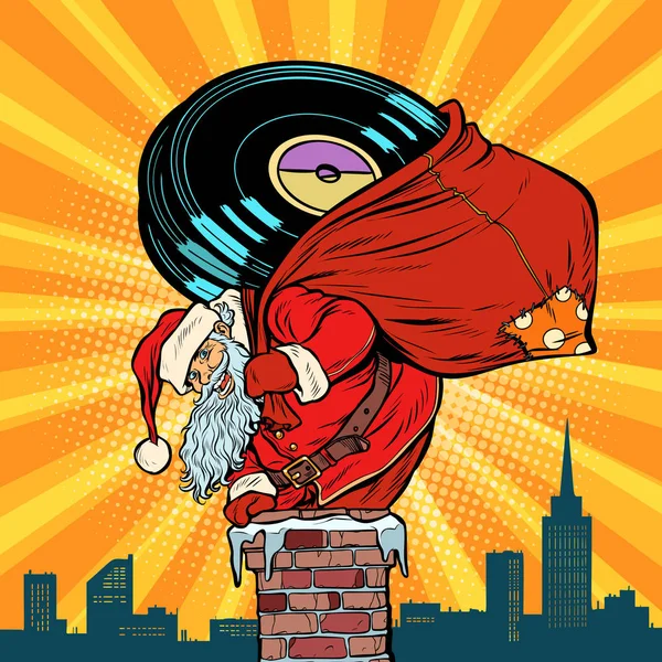 Papai Noel com discos de vinil sobe na chaminé —  Vetores de Stock