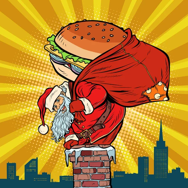 Weihnachtsmann mit Burger klettert in den Kamin. Essensausgabe — Stockvektor