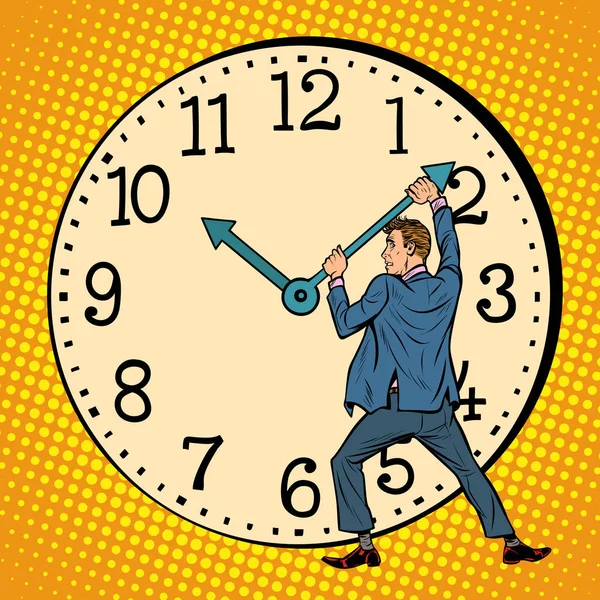 Der Mensch will die Uhr anhalten. Zeitmanagement — Stockvektor