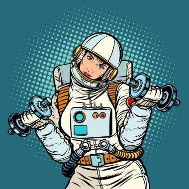 kadın astronot dumbbells ile