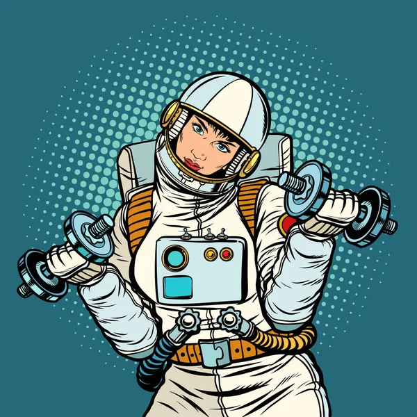 Woman astronaut with dumbbells — Stock Vector