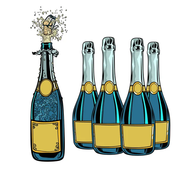 Une bouteille de champagne. Salutations de fête. Nouvel an et — Image vectorielle