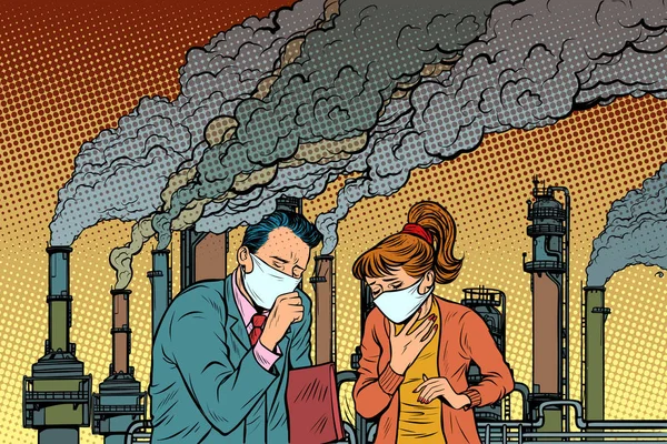 Hombre y mujer en una máscara médica sofocante de humo industrial — Vector de stock
