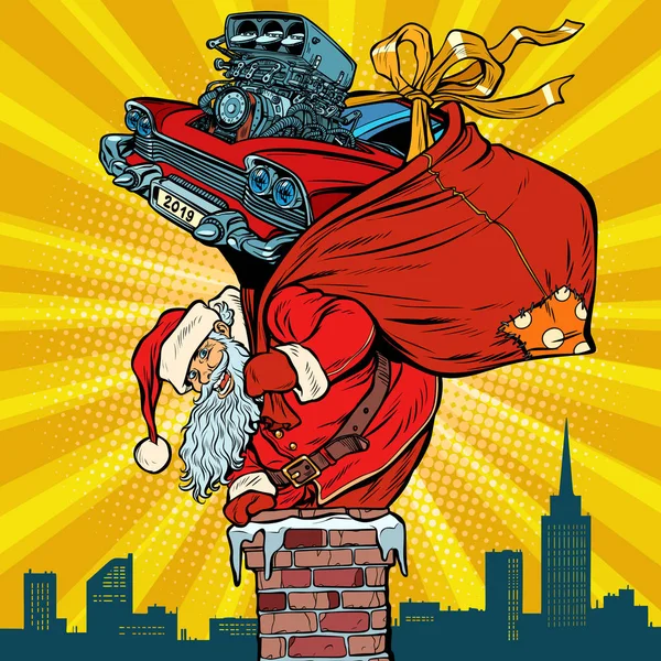 Voiture de course rétro. Père Noël avec des cadeaux monte dans la cheminée — Image vectorielle