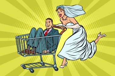 pop sanat gelin ve damat bir alışveriş arabası içinde