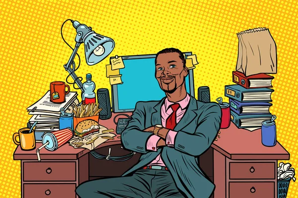 Pop art Homme d'affaires africain, lieu de travail — Image vectorielle