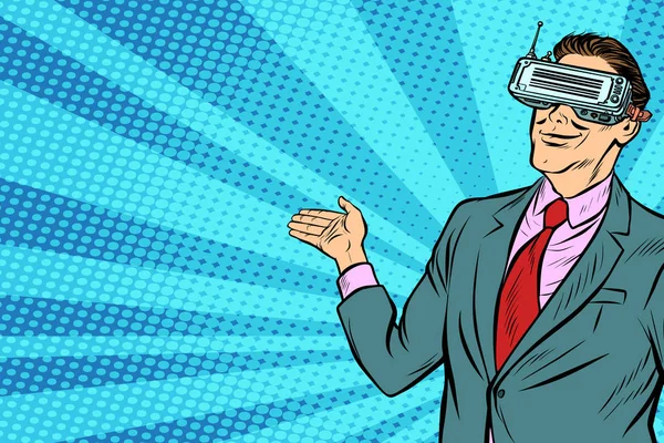 Hombre de negocios arte pop en gafas VR presenta — Vector de stock