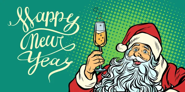 Pop art bonne année. Père Noël avec champagne — Image vectorielle