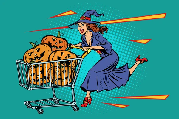 Halloween-Hexenkürbisse. Einkaufswagen-Verkauf — Stockvektor
