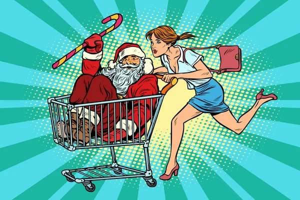 Vendita di Natale. La donna ha comprato Babbo Natale. carrello trol — Vettoriale Stock