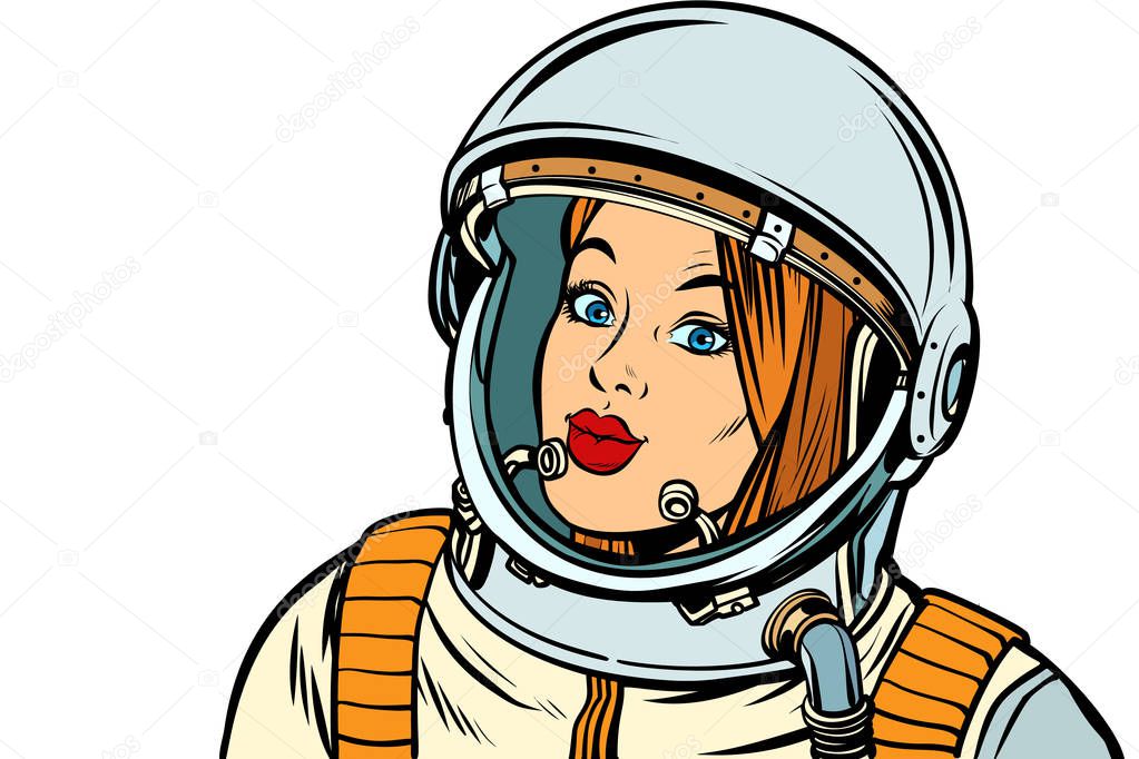 serious woman astronaut. Isolate on a white background