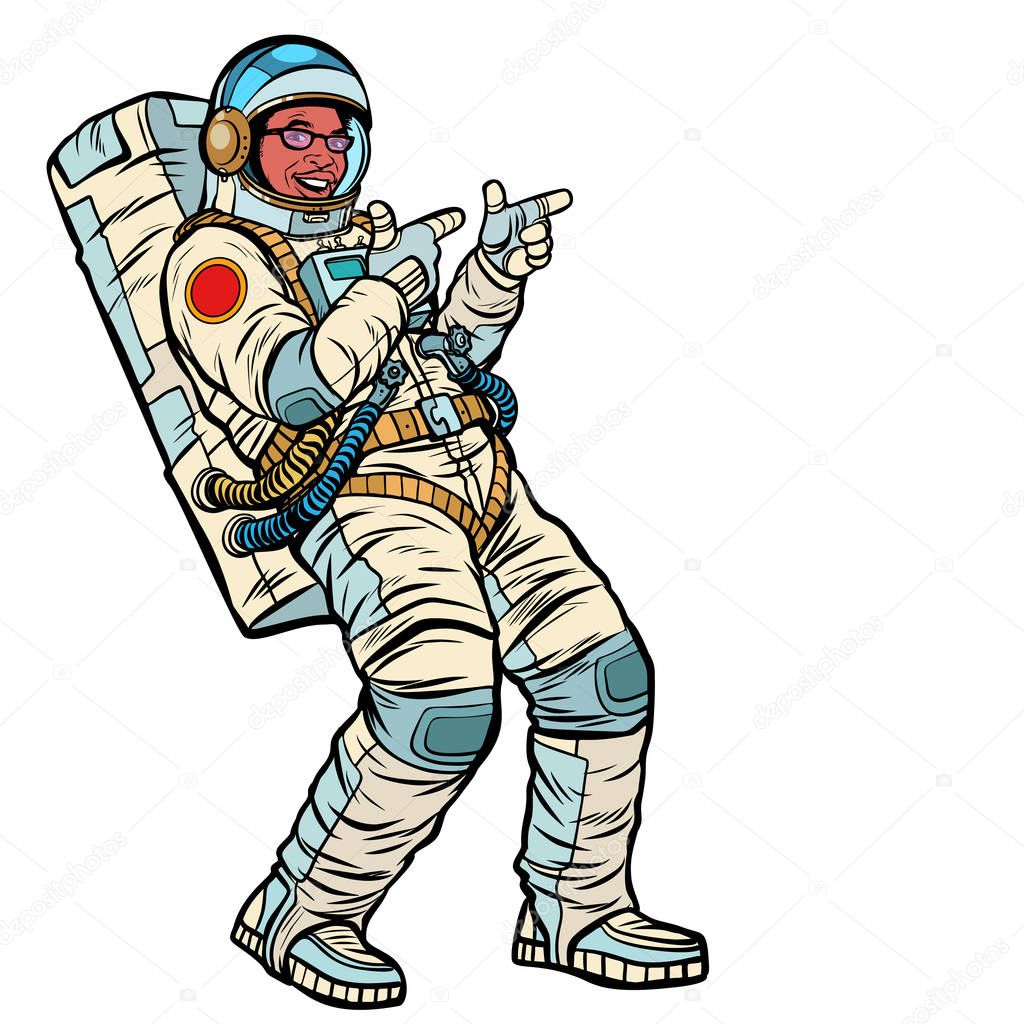 Astronaut young man points. isolate on a white background. Afric
